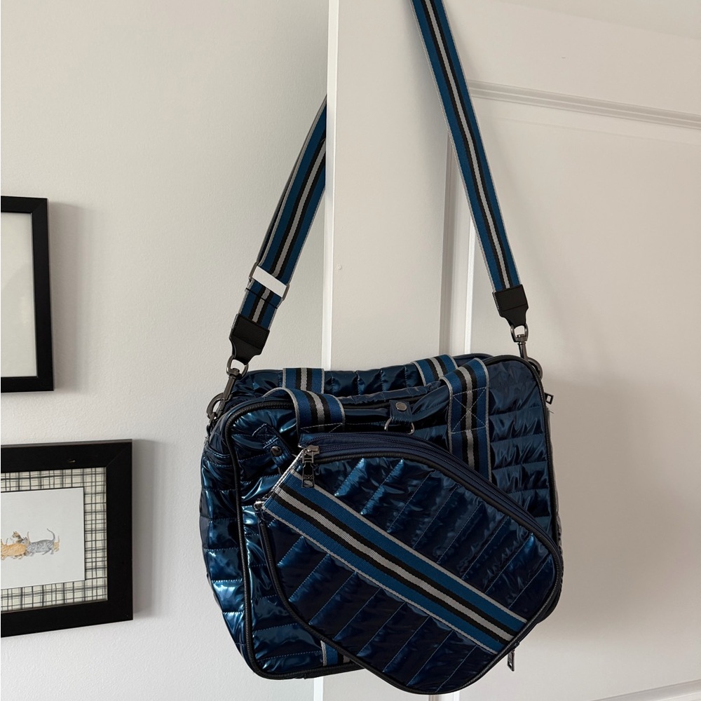 THINK ROYLN Shiny Navy Quilted Tote with Striped Strap